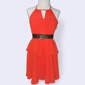 Y2K XOXO Orange Halter Sequin Ruffle Dress – Size 3/4 Small – 2000s Homecoming